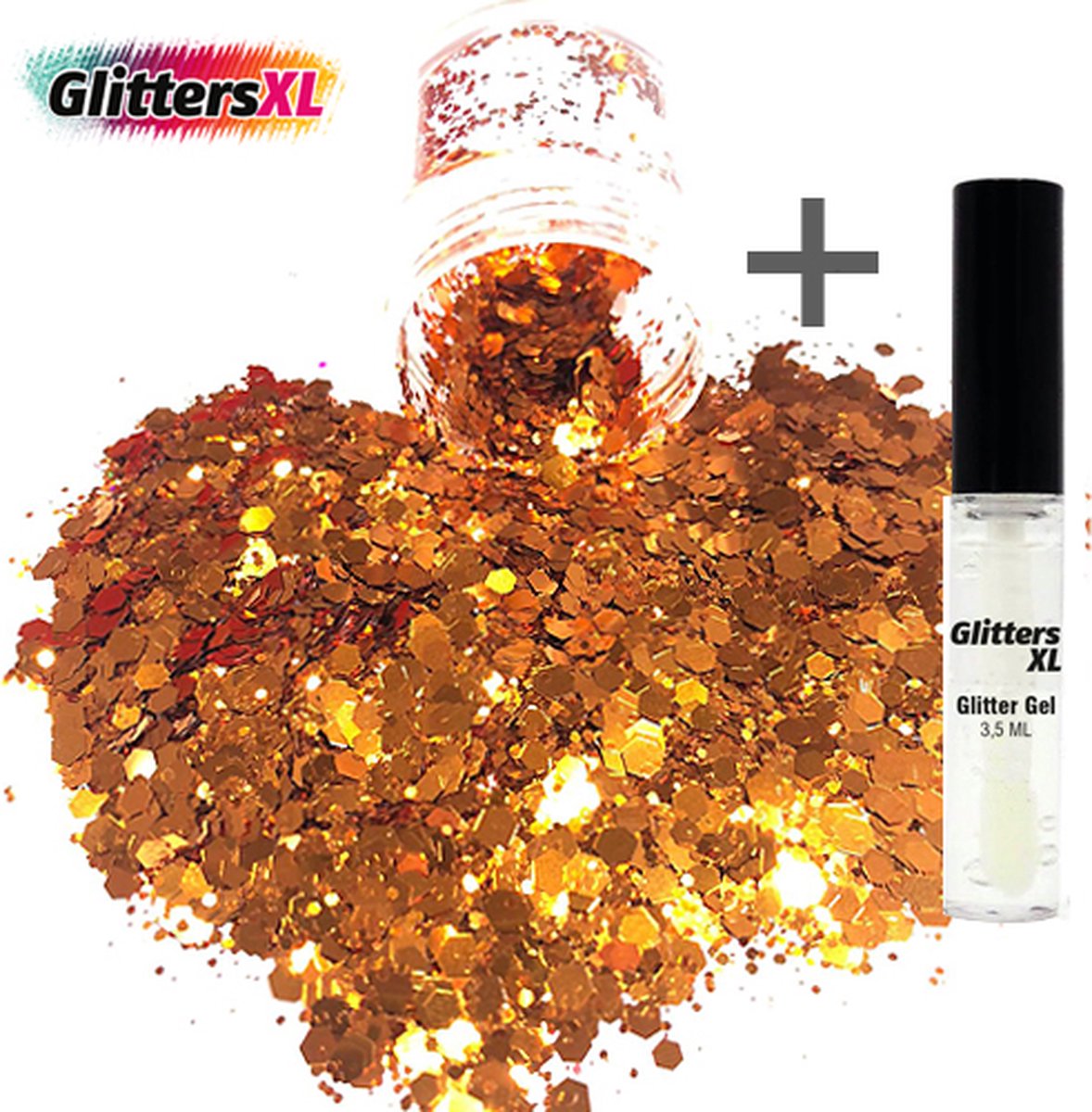 GlittersXL - Chunky Glitters (Oranje) (Volume 8g) + Glitter Huid Lijm [Festival Makeup Gezicht Lichaam - Face Body Glitter - Biologisch afbreekbaar - Versiering Dames Volwassen Kinderen]